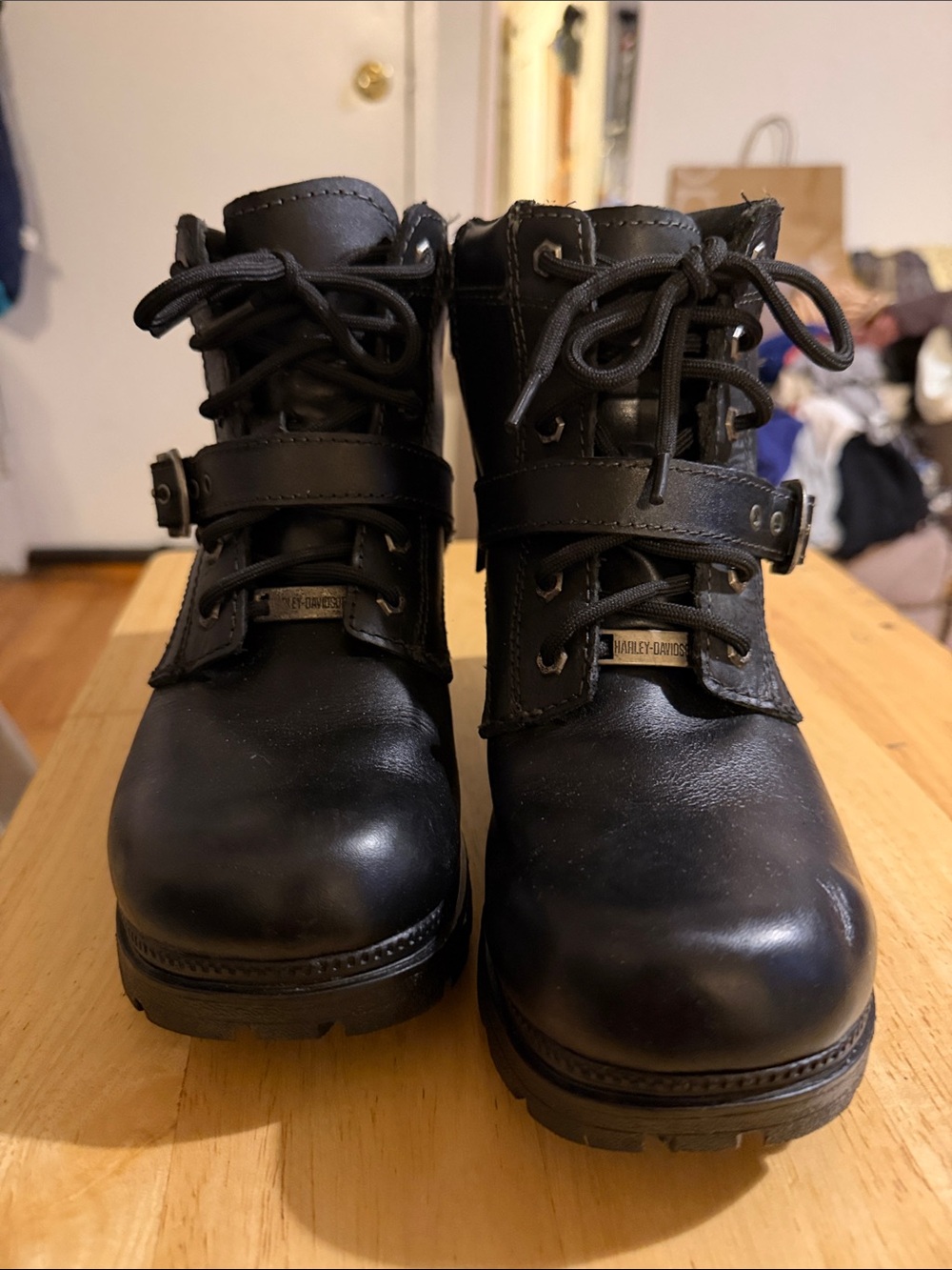 Harley-Davidson Black Lace-Up Motorcycle Boots with Buckle Strap
